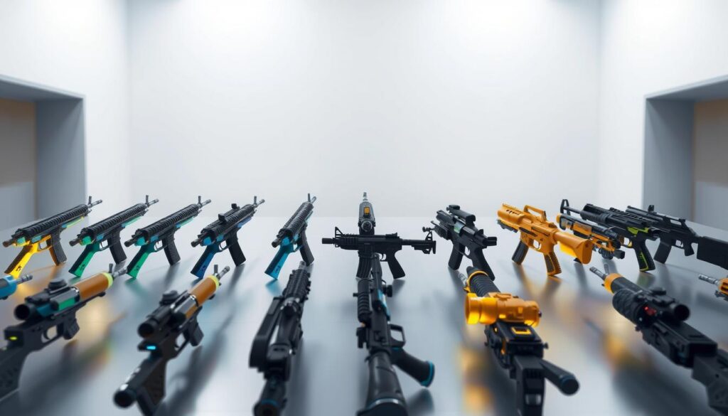 A comprehensive display of Fortnite weapon rarities, presented in a sleek and organized manner. The foreground showcases an array of weapons, each glowing with its distinctive hue, from the common grey to the legendary gold. The middle ground features a balanced composition, with the weapons arranged in an eye-catching, symmetrical layout. The background is a subtly blurred, minimalist environment, allowing the weapons to take center stage. Lighting is soft and directional, creating a sense of depth and emphasizing the unique qualities of each rarity. The overall mood is one of precision, showcasing the strategic importance of weapon choice in the Fortnite experience.