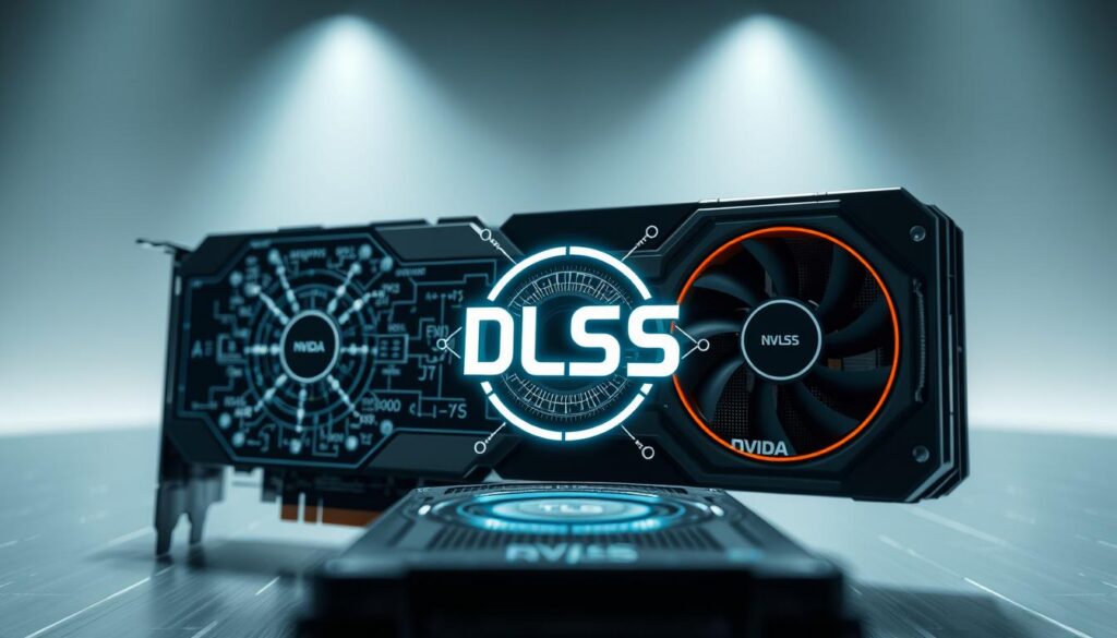 A detailed close-up view of the NVIDIA DLSS (Deep Learning Super Sampling) technology, showcasing its advanced AI-powered upscaling capabilities. The scene depicts the intricate inner workings of the DLSS algorithm, with a futuristic, high-tech aesthetic. The foreground features a central focus on the DLSS logo, surrounded by a array of neural network nodes, data visualizations, and complex mathematical equations. The midground showcases a detailed 3D rendering of a PC graphics card, highlighting the integration of the DLSS hardware components. The background is a sleek, minimalist environment with a subtle gradient, emphasizing the precision and sophistication of this innovative gaming technology.