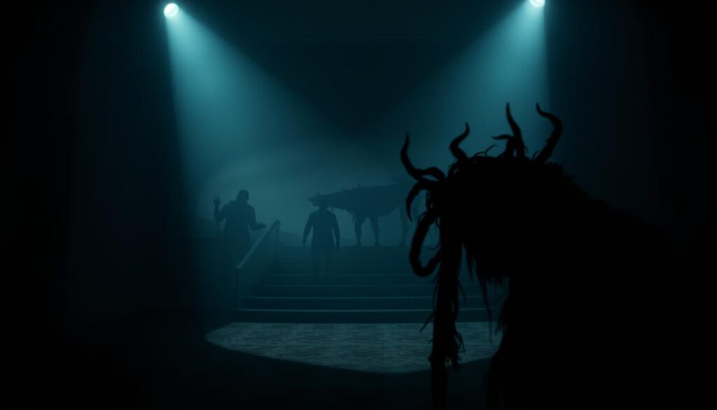 A dimly lit, foreboding room casts ominous shadows across a nightmarish landscape. In the foreground, a twisted, sinister figure lurks, its eyes piercing the veil of darkness. The middle ground is shrouded in a hazy, unsettling atmosphere, with unseen terrors lurking just out of view. The background is a distorted, surreal realm, where the boundaries of reality and the subconscious blur, creating a sense of unease and psychological tension. Harsh, dramatic lighting accentuates the haunting, claustrophobic mood, while a subtle, unnerving score heightens the sense of dread and unease. The overall composition evokes a deep, visceral fear, drawing the viewer into a world of psychological horror. A dimly lit, foreboding room casts ominous shadows across a nightmarish landscape. In the foreground, a twisted, sinister figure lurks, its eyes piercing the veil of darkness. The middle ground is shrouded in a hazy, unsettling atmosphere, with unseen terrors lurking just out of view. The background is a distorted, surreal realm, where the boundaries of reality and the subconscious blur, creating a sense of unease and psychological tension. Harsh, dramatic lighting accentuates the haunting, claustrophobic mood, while a subtle, unnerving score heightens the sense of dread and unease. The overall composition evokes a deep, visceral fear, drawing the viewer into a world of psychological horror.