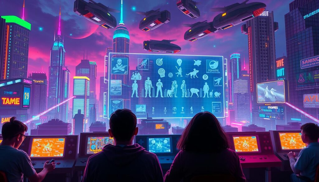 A futuristic cityscape with neon-drenched skyscrapers and hovering vehicles, set against a backdrop of vibrant hues and dynamic lighting. In the foreground, a group of gamers engrossed in classic retro game consoles, their faces illuminated by the glow of screens. The middle ground features a holographic display showcasing various iconic game characters and silhouettes, representing the trend of reimagined classics. The background is a blend of technological elements, such as holographic interfaces and data streams, evoking the merging of nostalgic gaming and modern innovation. The overall atmosphere is one of excitement, progression, and the evolution of the gaming industry.