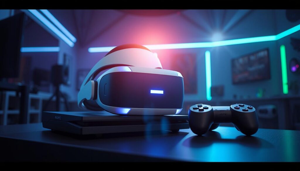 A futuristic, high-tech gaming setup featuring the Sony PlayStation VR2 headset. In the foreground, the sleek, white VR2 headset sits atop a black, minimalist gaming console, bathed in soft, ambient lighting. In the middle ground, a pair of advanced motion controllers lay next to the headset, ready for immersive virtual reality gameplay. The background showcases a dimly lit, modern gaming den, with subtle blue and green accent lighting creating an atmosphere of technological sophistication and immersion. Cinematic lens flares and depth of field effects enhance the sense of depth and futuristic aesthetic.