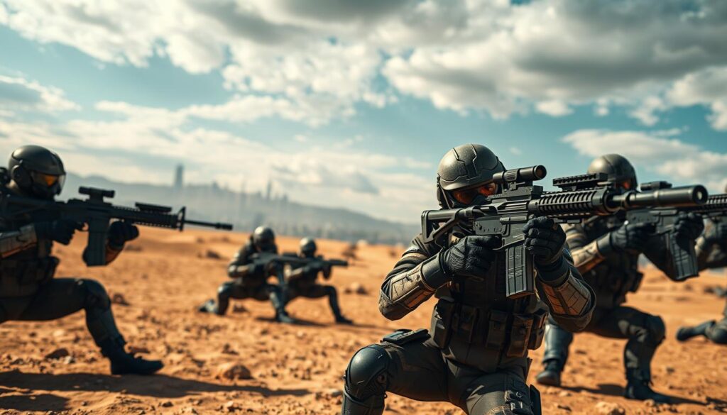 A futuristic, high-tech setting with a squad of heavily armed soldiers wielding precision long-range weapons. The scene features a desert or urban environment with a dramatic skyline, perhaps with a city skyline or mountainous backdrop. The soldiers are positioned strategically, their weapons aimed with unwavering focus, ready to dominate the long-range engagement. Realistic lighting, depth of field, and attention to detail in the soldier's gear and weapons convey a sense of power and tactical proficiency. The overall atmosphere is tense, adrenaline-fueled, and primed for decisive, long-range combat.