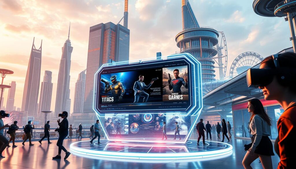 A futuristic landscape showcasing the trends shaping the gaming industry in 2025. In the foreground, a group of gamers immersed in virtual reality, their movements captured by advanced motion-tracking sensors. The middle ground features a sleek, holographic display showcasing the latest game releases, their vibrant graphics and seamless mechanics tantalizing potential players. In the background, towering skyscrapers and gleaming, chrome-accented structures hint at a technologically advanced, hyper-connected world where gaming has become deeply integrated into everyday life. The scene is bathed in a warm, neon-tinged glow, creating a sense of excitement and anticipation for the future of gaming.