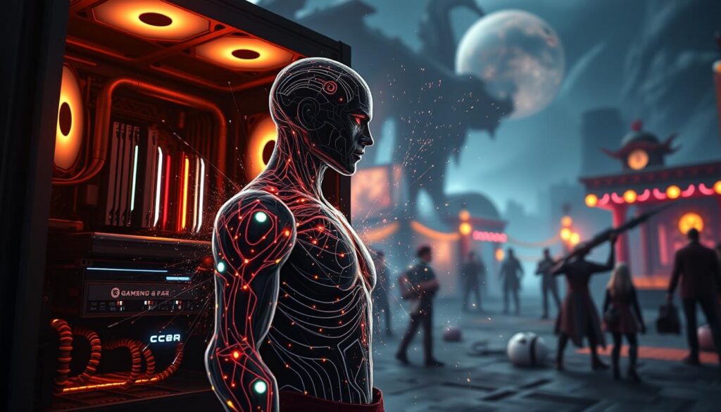 A gaming rig lit by a warm glow, its components seamlessly integrating with AI-powered algorithms. In the foreground, a player's avatar morphs and adapts to their playstyle, personalized abilities manifesting through intricate particle effects. The background showcases a dynamic game world, where NPCs exhibit lifelike behaviors and the environment responds to the player's actions with stunning realism, all powered by intelligent systems. The scene conveys a sense of immersion and wonder, where the boundaries between human and machine blur, creating a truly personalized gaming experience.