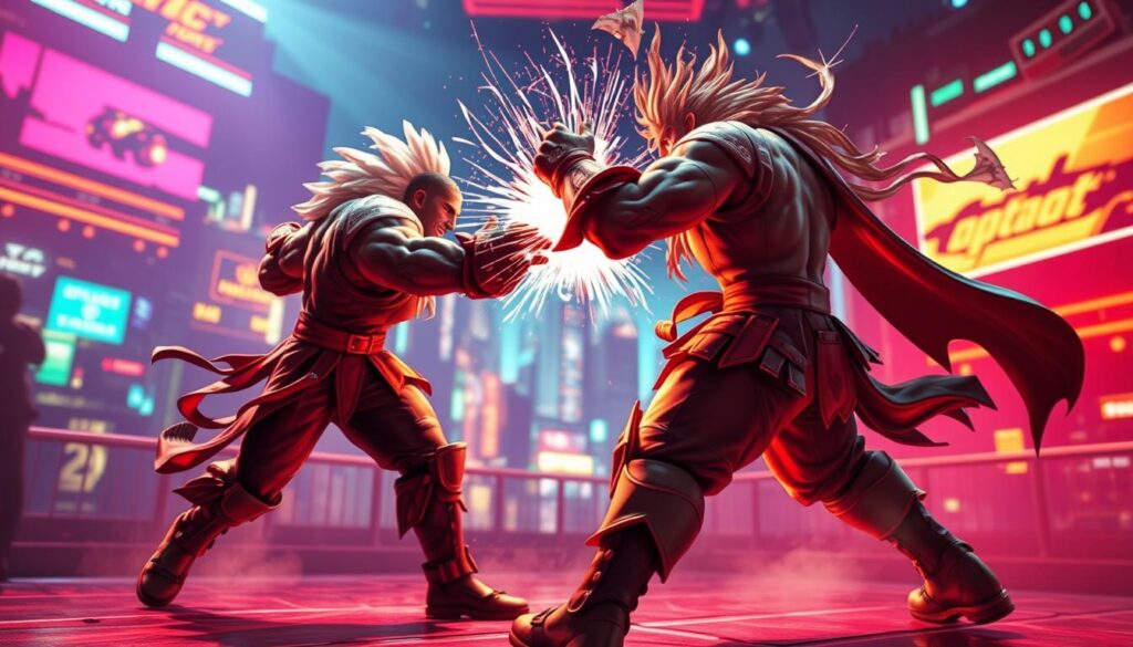 A high-intensity multiplayer fighting game set in a vibrant, neon-lit arena. Two larger-than-life characters in dynamic fighting poses, their powerful moves creating a sense of kinetic energy and frenetic action. Dramatic lighting casts dramatic shadows, heightening the sense of drama and intensity. The background blurs into an abstract, futuristic cityscape, hinting at a cyberpunk aesthetic. Subtle camera angles and a tight framing emphasize the explosive clash of the two combatants. An electric, pulsing atmosphere of competitive spirit and adrenaline-fueled combat. A high-intensity multiplayer fighting game set in a vibrant, neon-lit arena. Two larger-than-life characters in dynamic fighting poses, their powerful moves creating a sense of kinetic energy and frenetic action. Dramatic lighting casts dramatic shadows, heightening the sense of drama and intensity. The background blurs into an abstract, futuristic cityscape, hinting at a cyberpunk aesthetic. Subtle camera angles and a tight framing emphasize the explosive clash of the two combatants. An electric, pulsing atmosphere of competitive spirit and adrenaline-fueled combat.