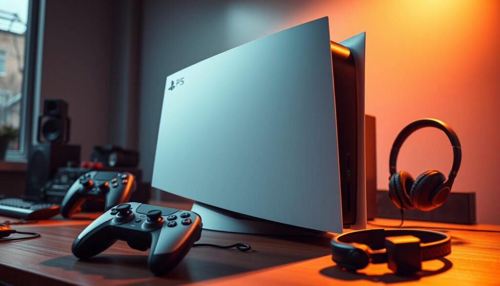 A high-performance gaming setup featuring a sleek, futuristic PlayStation 5 Pro console. The device is showcased in a well-lit, modern environment, casting a warm glow and sharp shadows. The console's cutting-edge design is accentuated by precise, detailed lighting that highlights its smooth surfaces and distinctive angular profile. Surrounding the PS5 Pro are various gaming peripherals, such as a state-of-the-art controller and high-end headphones, creating an immersive, high-tech atmosphere. The overall scene conveys a sense of power, sophistication, and the next generation of console gaming performance.