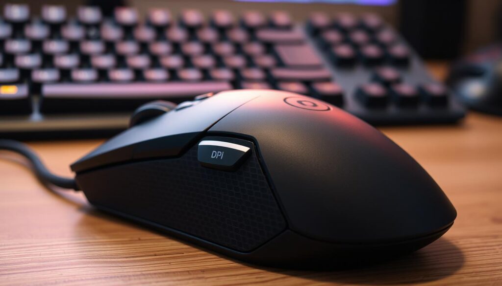 A highly detailed, photorealistic image of a mouse, keyboard, and gaming setup with a focus on the mouse sensitivity settings for first-person shooter (FPS) games. The mouse is prominently displayed, with the DPI and sensitivity controls clearly visible. The keyboard is slightly blurred in the background, drawing the viewer's attention to the mouse. The scene is illuminated by a soft, warm light, creating a cozy, focused atmosphere. The image conveys a sense of precision and customization, reflecting the importance of finding the ideal mouse sensitivity for an individual's gaming style.