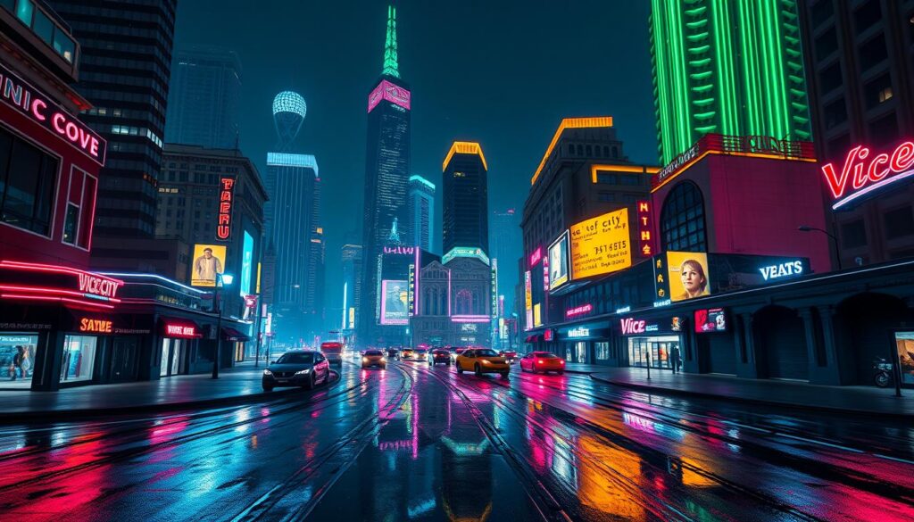 A highly detailed, photorealistic rendering of the fictional city of Vice City from the next installment of the Grand Theft Auto franchise, GTA 6. The scene depicts a bustling cityscape at night, with towering skyscrapers and neon-lit streets reflected in the wet pavement. Realistic lighting casts dramatic shadows, with ray-traced global illumination and real-time ray-traced reflections showcasing the game's cutting-edge graphics technology. The image captures the gritty, vibrant atmosphere of Vice City, with a moody, neon-tinged color palette that evokes the series' signature style. The camera angle offers a sweeping, cinematic view of the cityscape, highlighting the incredible level of detail and scale achieved in this next-generation open-world experience. A highly detailed, photorealistic rendering of the fictional city of Vice City from the next installment of the Grand Theft Auto franchise, GTA 6. The scene depicts a bustling cityscape at night, with towering skyscrapers and neon-lit streets reflected in the wet pavement. Realistic lighting casts dramatic shadows, with ray-traced global illumination and real-time ray-traced reflections showcasing the game's cutting-edge graphics technology. The image captures the gritty, vibrant atmosphere of Vice City, with a moody, neon-tinged color palette that evokes the series' signature style. The camera angle offers a sweeping, cinematic view of the cityscape, highlighting the incredible level of detail and scale achieved in this next-generation open-world experience.