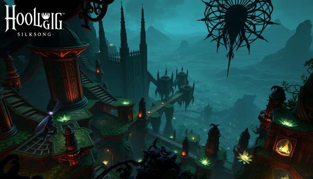 A lush, meticulously detailed Metroidvania world of Hollow Knight: Silksong. In the foreground, the protagonist, a graceful, agile insect warrior, navigates through a vibrant, organic environment teeming with intricate, interconnected pathways. The middle ground features grand, ornate architecture, with towering spires and intricate web-like structures, casting dramatic shadows. The background showcases a vast, sprawling landscape, with distant peaks and glowing, bioluminescent flora. The lighting is moody and atmospheric, with dramatic contrasts of light and shadow, evoking a sense of mystery and exploration. The overall tone is one of wonder, adventure, and the thrill of discovering a rich, meticulously crafted Metroidvania world. A lush, meticulously detailed Metroidvania world of Hollow Knight: Silksong. In the foreground, the protagonist, a graceful, agile insect warrior, navigates through a vibrant, organic environment teeming with intricate, interconnected pathways. The middle ground features grand, ornate architecture, with towering spires and intricate web-like structures, casting dramatic shadows. The background showcases a vast, sprawling landscape, with distant peaks and glowing, bioluminescent flora. The lighting is moody and atmospheric, with dramatic contrasts of light and shadow, evoking a sense of mystery and exploration. The overall tone is one of wonder, adventure, and the thrill of discovering a rich, meticulously crafted Metroidvania world.