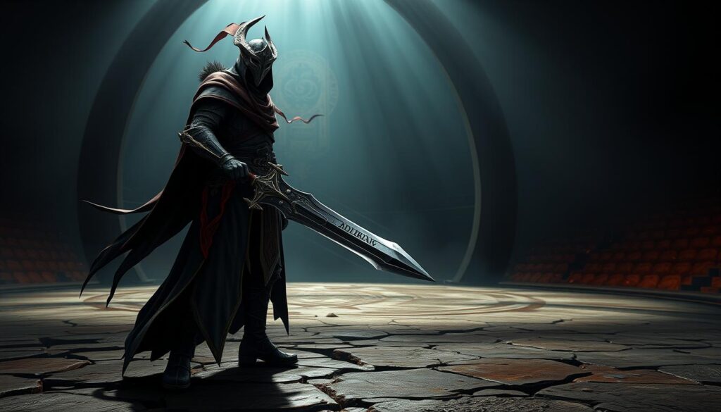 A masterfully crafted Elden Ring PvP strategy guide, with a meticulously designed character standing in a dimly lit, atmospheric arena. The figure wields a formidable greatsword, exuding confidence and strategic prowess. The background features an array of dynamic, combat-ready elements, such as shifting shadows, ambient lighting, and a sense of impending clash. The overall composition conveys a palpable sense of intensity, inviting the viewer to delve into the intricate world of Elden Ring's competitive PvP gameplay.