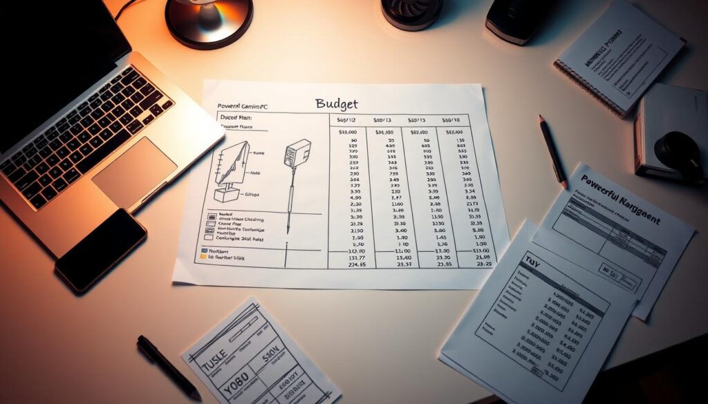 A meticulously designed budget plan for a powerful gaming PC, complete with detailed component breakdowns and cost estimates. The scene features a sleek, minimalist desktop setup with a laptop, smartphone, and various financial documents neatly organized. Soft, warm lighting illuminates the workspace, creating a focused and professional atmosphere. The composition emphasizes the deliberate, analytical process of building a high-performance PC within a defined budget. Every element, from the precisely sketched hardware specifications to the precise financial calculations, conveys a sense of careful planning and thoughtful decision-making.