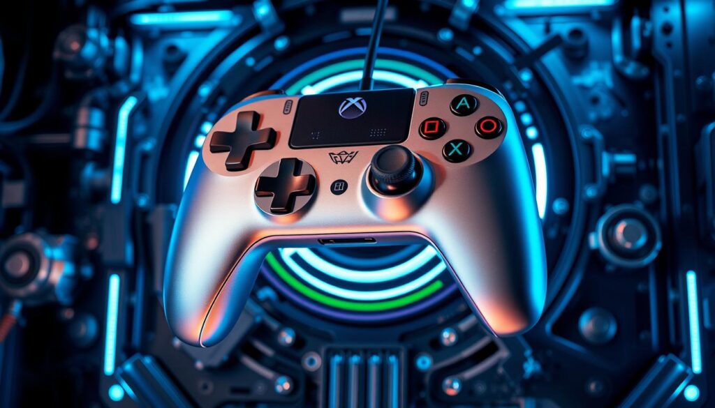 A modern, sleek gaming controller levitating against a backdrop of metallic gears, circuitry, and a glowing, high-tech display. The controller has a smooth, brushed metal finish with subtle RGB lighting accents. The scene is bathed in cool, blue-tinted lighting, creating a sense of technical sophistication. The composition places the controller in the foreground, with the intricate machinery and technology of the gaming platform visible in the middle and background layers. The overall mood conveys the latest advancements in gaming hardware and the seamless integration of modern control schemes with cutting-edge digital technology.