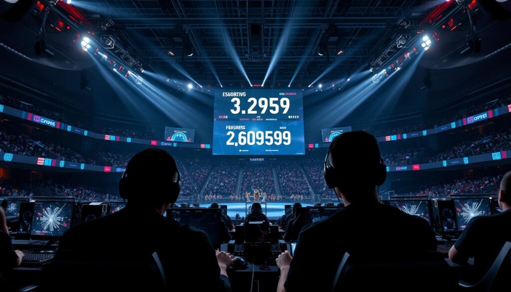 A professional esports arena, the stage bathed in dramatic lighting. In the foreground, the silhouettes of pro gamers, their faces obscured, hands poised over high-performance gaming rigs. Sleek, futuristic gear and equipment surround them, conveying the technological prowess of the industry. The middle ground showcases trophies, medals, and other symbols of victory, hinting at the lucrative rewards that await the top players. In the background, a larger-than-life scoreboard displays dizzying figures, representing the staggering salaries earned by the elite of the esports world. An atmosphere of intensity, ambition, and high-stakes competition permeates the scene. A professional esports arena, the stage bathed in dramatic lighting. In the foreground, the silhouettes of pro gamers, their faces obscured, hands poised over high-performance gaming rigs. Sleek, futuristic gear and equipment surround them, conveying the technological prowess of the industry. The middle ground showcases trophies, medals, and other symbols of victory, hinting at the lucrative rewards that await the top players. In the background, a larger-than-life scoreboard displays dizzying figures, representing the staggering salaries earned by the elite of the esports world. An atmosphere of intensity, ambition, and high-stakes competition permeates the scene.