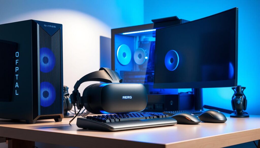 A sleek and modern gaming setup featuring a high-end gaming desktop computer, a virtual reality headset, and various gaming peripherals. The desktop is illuminated by cool blue RGB lighting, its metallic chassis complemented by the matte black finish of the monitor, keyboard, and mouse. The VR headset, with its sleek and futuristic design, sits prominently on the desk, ready to immerse the user in a virtual world. The scene is bathed in a soft, directional light, casting subtle shadows and highlights that emphasize the sharp lines and details of the hardware. The overall atmosphere conveys a sense of cutting-edge technology and the thrill of gaming at the forefront of innovation.