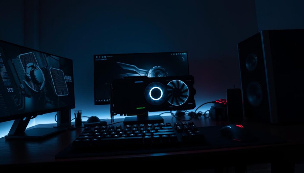 A sleek and powerful gaming computer setup with a prominent, high-end graphics card at the center. The GPU is backlit, casting a soft glow across the desk. Surrounding the GPU are various gaming peripherals, including a high-resolution monitor, a mechanical keyboard, and a state-of-the-art gaming mouse. The setup is placed in a dimly lit, modern room with clean lines and minimalist decor, creating an immersive and atmospheric environment for 1440p gaming. Subtle highlights and shadows accentuate the technical details of the components, showcasing their premium quality and performance. A sleek and powerful gaming computer setup with a prominent, high-end graphics card at the center. The GPU is backlit, casting a soft glow across the desk. Surrounding the GPU are various gaming peripherals, including a high-resolution monitor, a mechanical keyboard, and a state-of-the-art gaming mouse. The setup is placed in a dimly lit, modern room with clean lines and minimalist decor, creating an immersive and atmospheric environment for 1440p gaming. Subtle highlights and shadows accentuate the technical details of the components, showcasing their premium quality and performance.
