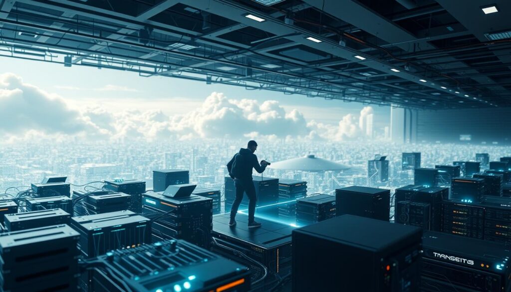 A sleek, modern data infrastructure powering the immersive gaming experience of the metaverse. In the foreground, a complex network of interconnected servers, databases, and data pipelines, their intricate workings visible through a holographic interface. In the middle ground, a gamer interacts with a virtual world, their movements and actions seamlessly translated into data that fuels the dynamic, responsive environment. In the background, a vast, shimmering expanse of cloud-based computing resources, pulsing with the lifeblood of game data. Soft, diffused lighting illuminates the scene, creating a sense of technological elegance and power. The overall atmosphere conveys the hidden technological foundations that enable the seamless, immersive gaming experiences of the modern era.