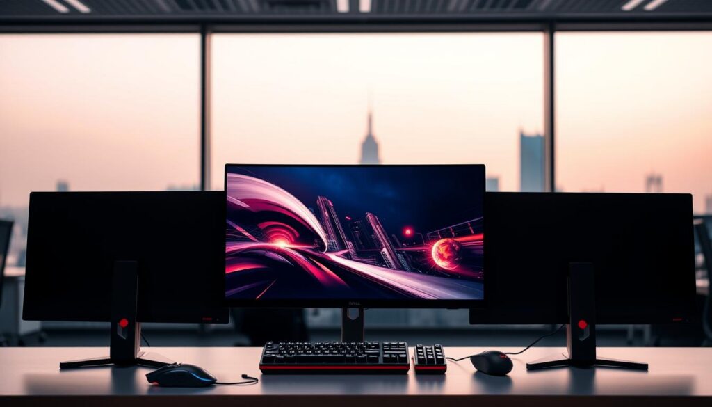 A spacious, well-lit office setting with three high-performance gaming monitors arranged in a row. The monitors feature a mix of panel technologies, including an IPS display in the center, flanked by VA panels on either side. Crisp, vibrant colors and deep, inky blacks create an immersive visual experience. The monitors are tilted at a slight angle, showcasing their slim bezels and sleek, modern designs. Subtle ambient lighting casts a warm glow, highlighting the monitors' premium aesthetic. In the foreground, a gaming keyboard and mouse sit on a minimalist desk, suggesting the setup is optimized for competitive gaming. The background features a soft, blurred cityscape, emphasizing the monitors as the focal point.