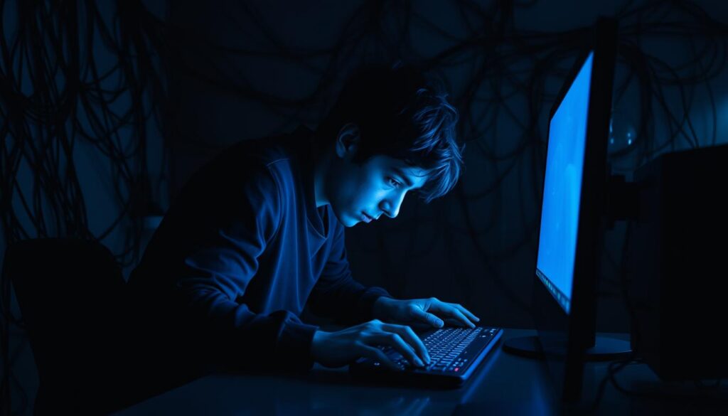 A vast, gloomy digital landscape, with a person hunched over a glowing computer screen, their face obscured by the harsh blue light. The room is dimly lit, with shadows creeping in from the corners, creating a sense of isolation and detachment. The person's posture is tense and anxious, their hands gripping the mouse and keyboard, unable to break free from the addictive pull of the online game. The background is a tangled web of wires and cables, symbolizing the entrapment and loss of control that comes with internet gaming addiction. The scene is cinematic, with dramatic lighting and a moody, introspective atmosphere, conveying the psychological turmoil and the downward spiral of "Transtorno de Jogo pela Internet."