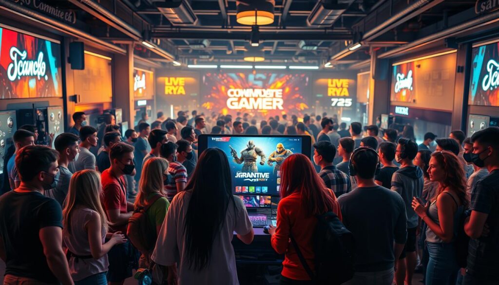 A vibrant and immersive gaming community gathering, captured in a dynamic, cinematic scene. In the foreground, a diverse group of gamers, animated and engaged, gathering around a central display showcasing their interactive game experiences. The middle ground features a richly detailed, futuristic gaming setup, with glowing monitors, sleek peripherals, and state-of-the-art gaming rigs. The background depicts a bustling, neon-lit environment, suggesting a modern, tech-savvy hub for the gaming community. Diffused, warm lighting casts a welcoming glow, while a sense of energy and camaraderie permeates the scene. The composition emphasizes the collaborative and interactive nature of the "Comunidade Gamer Interativa", capturing the essence of a vibrant, connected gaming culture.