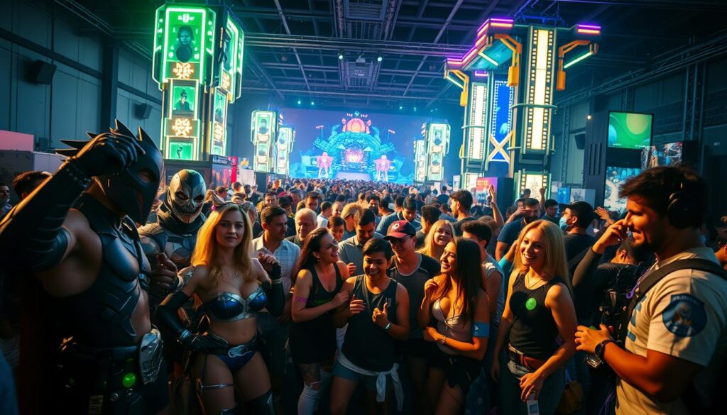 A vibrant community of Brazilian gamers gathers in a lively, neon-lit setting. In the foreground, cosplayers in intricate costumes strike dynamic poses, their expressions filled with excitement and camaraderie. The middle ground features a bustling crowd of enthusiastic fans, their faces aglow with the soft, warm lighting that bathes the scene. In the background, towering video game-inspired structures and displays create an immersive, futuristic atmosphere, hinting at the diverse interests and passions that unite this thriving gaming culture. The overall mood is one of celebration, creativity, and a shared passion for the rich tapestry of Brazilian gamer identity.