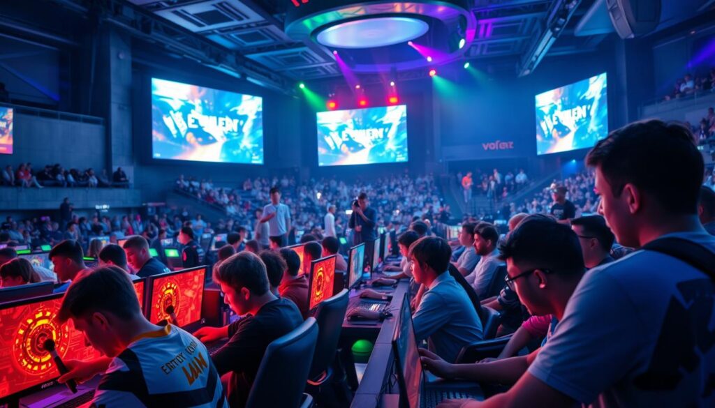 A vibrant, dynamic scene showcasing the democratization of eSports. In the foreground, a diverse group of players, from all walks of life, huddle around gaming stations, intensely engaged in a competitive match. Colorful LED lights cast a warm glow, illuminating their focused expressions. In the middle ground, spectators watch with rapt attention, their eyes glued to the large, immersive screens displaying the tournament. The background features a sleek, modern eSports arena, with tiered seating and state-of-the-art audio-visual equipment, symbolizing the growing accessibility and professionalism of the industry. The overall atmosphere is one of inclusivity, excitement, and the democratization of a once niche hobby, now a mainstream phenomenon.