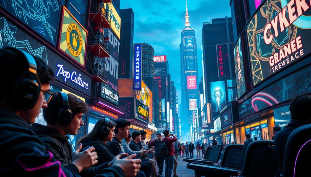 A vibrant, futuristic cityscape illuminated by neon lights and holographic displays. In the foreground, a group of gamers engrossed in a competitive eSports tournament, their hands expertly manipulating high-tech gaming controllers. The middle ground features a bustling street lined with pop culture-inspired shops, their windows showcasing the latest gaming merchandise and apparel. In the background, towering skyscrapers and a glowing skyline evoke a sense of the pervasive influence of gaming on modern urban life. The scene is bathed in a warm, atmospheric lighting, capturing the energy and excitement of the gaming culture's impact on contemporary pop culture.