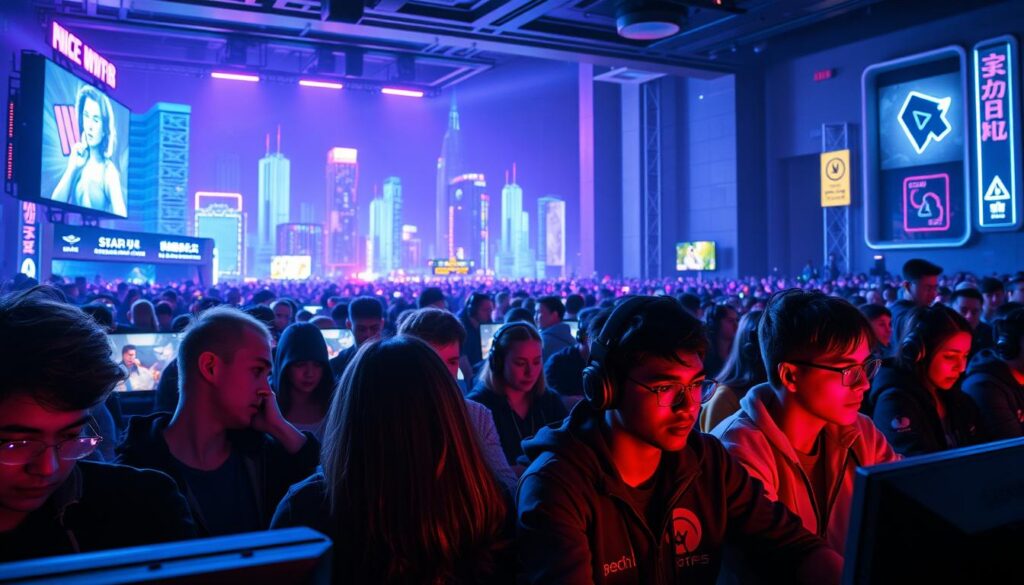A vibrant, neon-lit gaming arena where a diverse cast of gamers, avatars in hand, engage in fierce yet thrilling competition. The foreground features intense close-up battles, players' faces lit by the glow of screens, expressions intense with focus and determination. In the middle ground, crowds of spectators watch intently, their anonymity fueling an electric atmosphere of excitement and camaraderie. The background depicts a futuristic cityscape, skyscrapers and neon signs creating a striking cyberpunk aesthetic, underscoring the high-stakes, high-tech nature of the gaming culture on display. Dramatic lighting casts dramatic shadows, heightening the sense of drama and intensity. An image that captures the thrill, the community, and the competitive spirit at the heart of the gamer experience.
