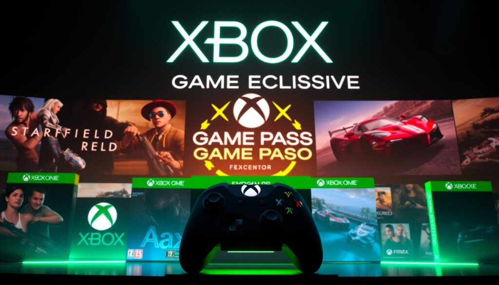 A visually striking image of the most anticipated Xbox exclusives showcased within the Xbox Game Pass subscription service. In the foreground, prominent game titles like Starfield, Redfall, and Forza Motorsport stand out, their logos and key art rendered in stunning detail. The middle ground features a dynamic array of gameplay scenes, capturing the diverse range of genres and experiences available to Game Pass subscribers. In the background, the iconic Xbox logo and the Game Pass branding create a cohesive and immersive visual identity. The scene is bathed in a warm, vibrant lighting that enhances the sense of anticipation and excitement surrounding these exclusive Xbox titles.