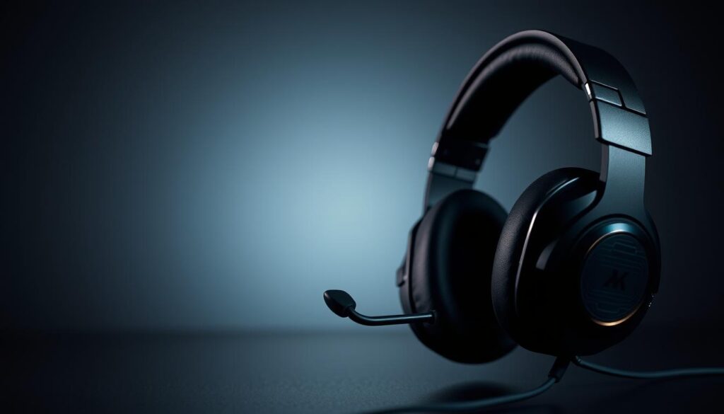 A well-designed modern gaming headset with advanced technology, showcasing sleek and sturdy construction, premium materials, and cutting-edge audio features. The headset is positioned in the foreground, with a soft focus on the intricate details of the headband, earcups, and microphone. The middle ground features a subtle, minimalist background that emphasizes the headset's sophisticated design. Dramatic studio lighting casts dramatic shadows, creating a sense of depth and dimension. The overall mood is one of high-end, professional-grade gaming gear that seamlessly blends form and function.