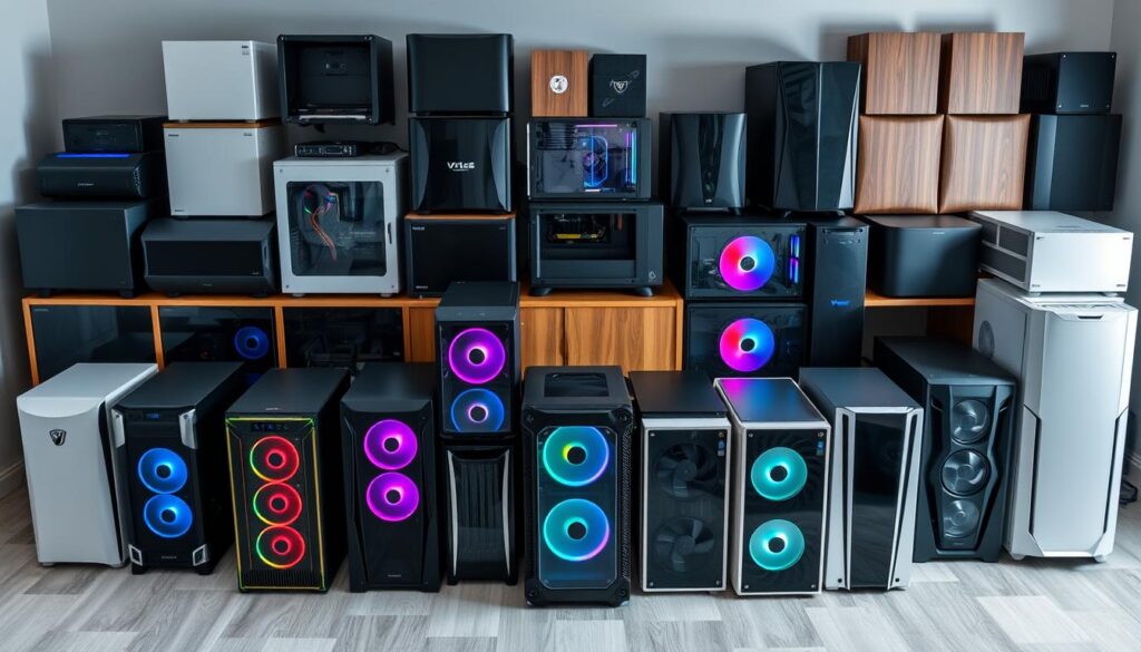 A well-organized computer cabinet setup featuring various types of modern PC cases in different sizes, shapes, and designs. The foreground showcases a range of sleek, minimalist cases with clean lines and understated aesthetics, complementing a variety of hardware configurations. The middle ground presents more elaborate, gamer-oriented cases with bold RGB lighting, tempered glass panels, and striking silhouettes. In the background, a selection of classic, functional tower cases in neutral tones provides a balanced contrast. The scene is illuminated by soft, diffused lighting that accentuates the textures and details of the cabinets, creating a harmonious and visually appealing composition.