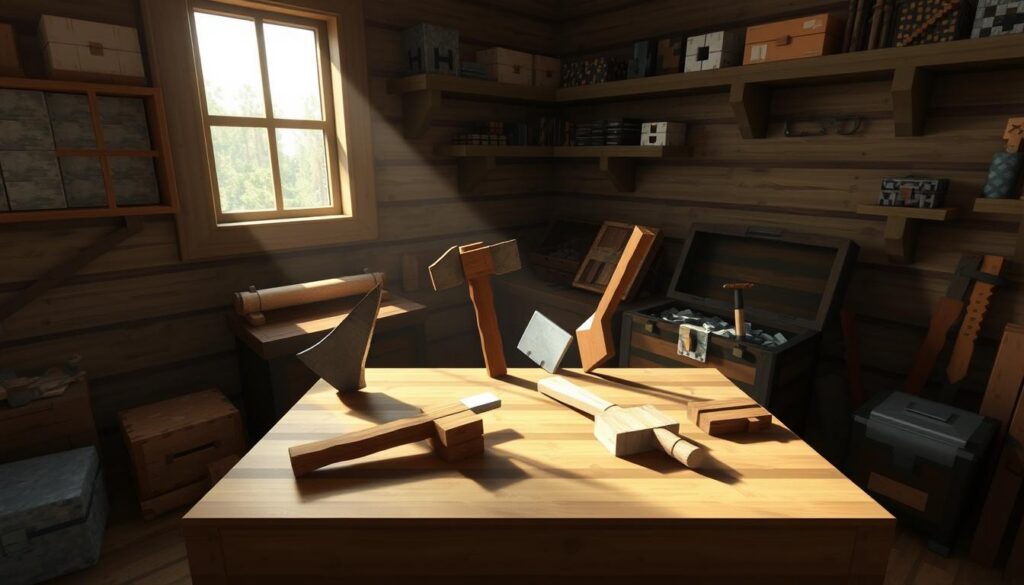 A workbench in a cozy Minecraft workshop, sunlight filtering through the window. On the table, a variety of crafted tools - a sturdy pickaxe, a sharp axe, and a resilient shovel, all meticulously constructed from wood and stone. Nearby, a chest contains additional materials, ready to be transformed into more essential equipment. The walls are adorned with shelves displaying a collection of resources - cobblestone, sticks, and other crafting components. The atmosphere is one of industrious productivity, where the player can practically feel the satisfying weight of the tools in their hands, ready to tackle the challenges of the Minecraft wilderness.