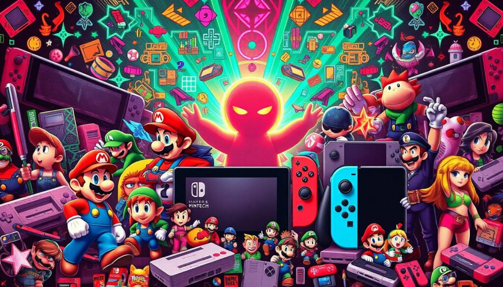An intricate retro-inspired collage depicting the resurgence of classic Nintendo game franchises. In the foreground, iconic characters like Mario, Link, and Samus Aran are rendered in a vibrant, pixelated art style, capturing the essence of beloved 8-bit and 16-bit gaming eras. The middle ground features modern gaming hardware, including sleek Nintendo Switch consoles and Joy-Con controllers, hinting at the seamless blend of nostalgia and innovation. The background is a kaleidoscope of vintage game cartridges, console silhouettes, and neon-tinged glyphs, creating a mesmerizing atmosphere of gaming history and emerging trends. The overall composition is bathed in a warm, retro-futuristic lighting, evoking a sense of timelessness and the enduring appeal of classic Nintendo franchises.