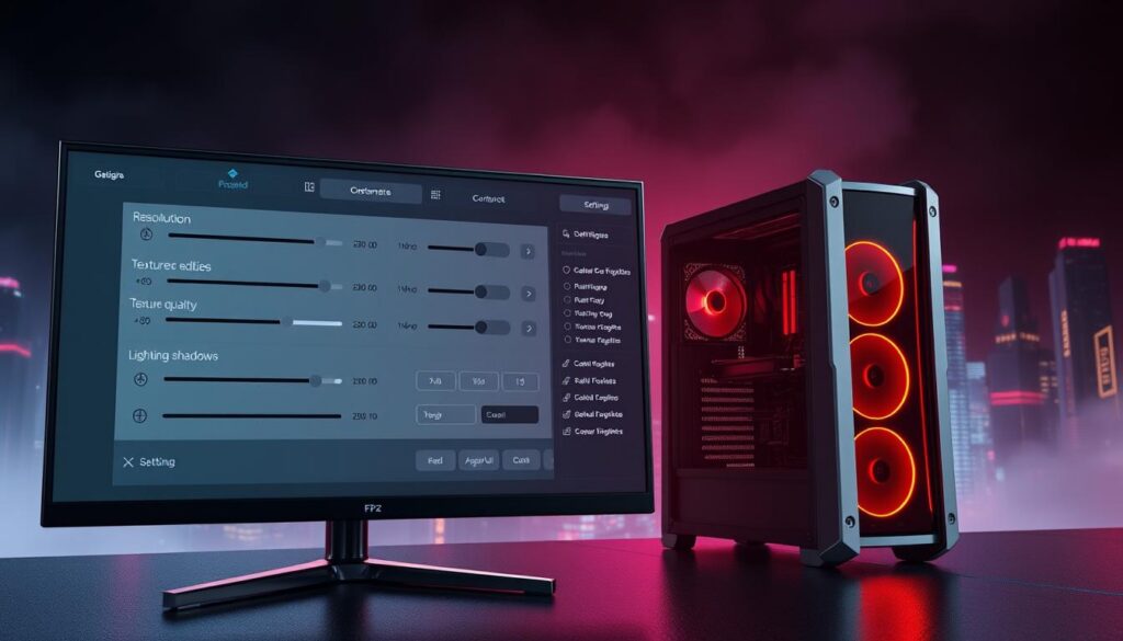 Detailed 3D illustration of gaming PC settings optimized for maximum FPS performance. Foreground depicts a monitor displaying a customizable graphical user interface with sliders, toggles, and dropdown menus for adjusting resolution, render scale, texture quality, lighting, shadows, and other advanced visual settings. Middle ground shows a powerful gaming desktop tower with high-end GPU, CPU, and cooling components. Background features a moody, futuristic cityscape with neon-lit skyscrapers shrouded in atmospheric fog, creating an immersive, cyberpunk-inspired ambiance. Emphasize technical, professional aesthetic with clean lines, bold colors, and subtle use of depth of field and lighting to draw the viewer's attention to the key graphical optimization controls.