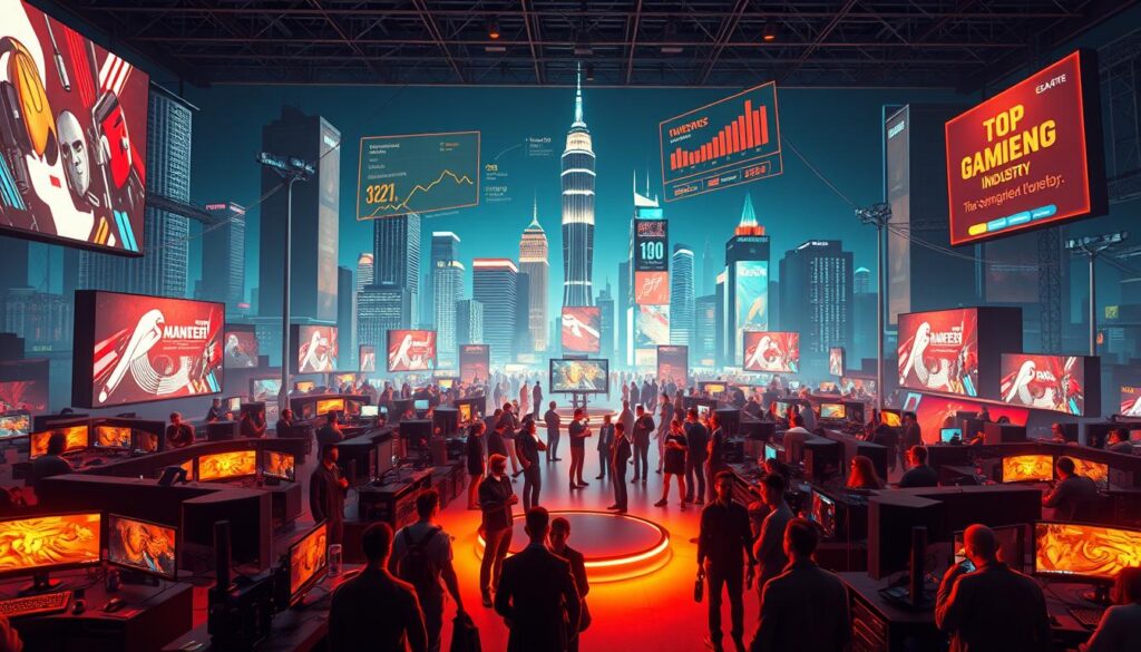 Detailed 3D rendering of a bustling gaming industry hub, showcasing the economic impact of top streamers. In the foreground, a group of gamers and influencers gathered around a central stage, engaged in lively discussions. The middle ground features rows of gaming setups, computers, and peripherals, representing the thriving hardware and software sectors. In the background, towering skyscrapers and neon-lit billboards highlight the scope and scale of the industry, with data visualizations and financial charts floating in the air, illustrating the streamers' lucrative impact. Warm lighting casts a vibrant glow, while a sense of energy and dynamism permeates the scene, capturing the profound influence of these digital content creators on the gaming landscape. Detailed 3D rendering of a bustling gaming industry hub, showcasing the economic impact of top streamers. In the foreground, a group of gamers and influencers gathered around a central stage, engaged in lively discussions. The middle ground features rows of gaming setups, computers, and peripherals, representing the thriving hardware and software sectors. In the background, towering skyscrapers and neon-lit billboards highlight the scope and scale of the industry, with data visualizations and financial charts floating in the air, illustrating the streamers' lucrative impact. Warm lighting casts a vibrant glow, while a sense of energy and dynamism permeates the scene, capturing the profound influence of these digital content creators on the gaming landscape.
