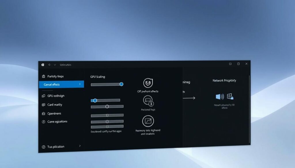 Detailed diagram of Windows 10 and 11 game optimization settings. Foreground shows a clean, minimalist interface with toggles and sliders for performance-enhancing tweaks like disabling visual effects, turning off background apps, and managing power settings. Middle ground has icons and visualizations for key optimizations like GPU scaling, network prioritization, and memory allocation. Background features a soft, ethereal gradient in calming blues and grays, conveying a sense of technological elegance and efficiency. Crisp, high-resolution rendering with a slightly muted, professional tone to align with the article's instructional nature. Detailed diagram of Windows 10 and 11 game optimization settings. Foreground shows a clean, minimalist interface with toggles and sliders for performance-enhancing tweaks like disabling visual effects, turning off background apps, and managing power settings. Middle ground has icons and visualizations for key optimizations like GPU scaling, network prioritization, and memory allocation. Background features a soft, ethereal gradient in calming blues and grays, conveying a sense of technological elegance and efficiency. Crisp, high-resolution rendering with a slightly muted, professional tone to align with the article's instructional nature.