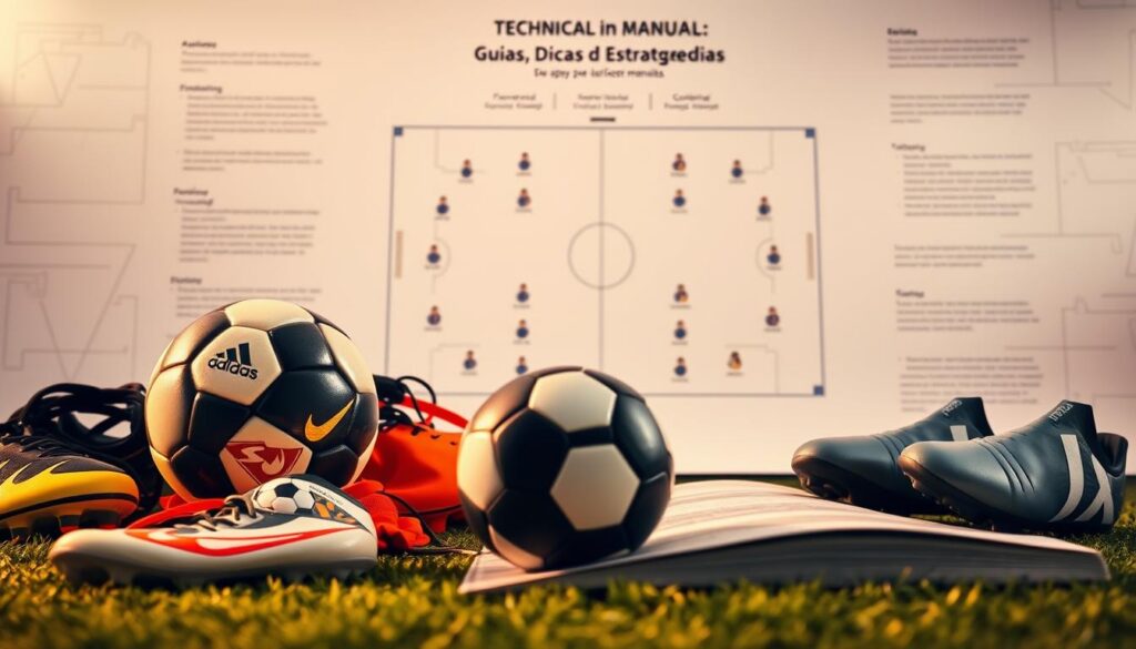 Detailed technical soccer manual against a bright, informative backdrop. In the foreground, a collection of soccer equipment, including a ball, cleats, and shin guards, arranged neatly. In the middle ground, a diagrammatic representation of tactical formations and player positioning. The background features a clean, minimalist design with geometric shapes and patterns, conveying a sense of structure and precision. Warm, directional lighting creates depth and emphasizes the technical aspects. The overall mood is educational, authoritative, and visually engaging, reflecting the subject of "Guias, Dicas & Estratégias" for aspiring professional soccer players.