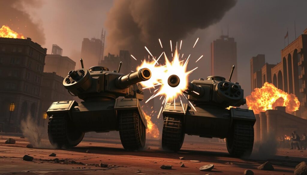 Tanques de Overwatch 2: Una escena dramática de batalla de tanques en un campo de combate urbano. En primer plano, dos robustos tanques de guerra chocando con furia, sus cañones disparando ráfagas de energía. Detrás, los edificios de una ciudad en ruinas se alzan como un telón de fondo siniestro, con humo y explosiones en la distancia. La iluminación es intensa y dramática, con sombras profundas y contrastes marcados. La cámara se ubica a nivel del suelo, capturando la escala y la violencia del enfrentamiento. La atmósfera es tensa y épica, reflejando la naturaleza estratégica y contundente del papel de los tanques en Overwatch 2.