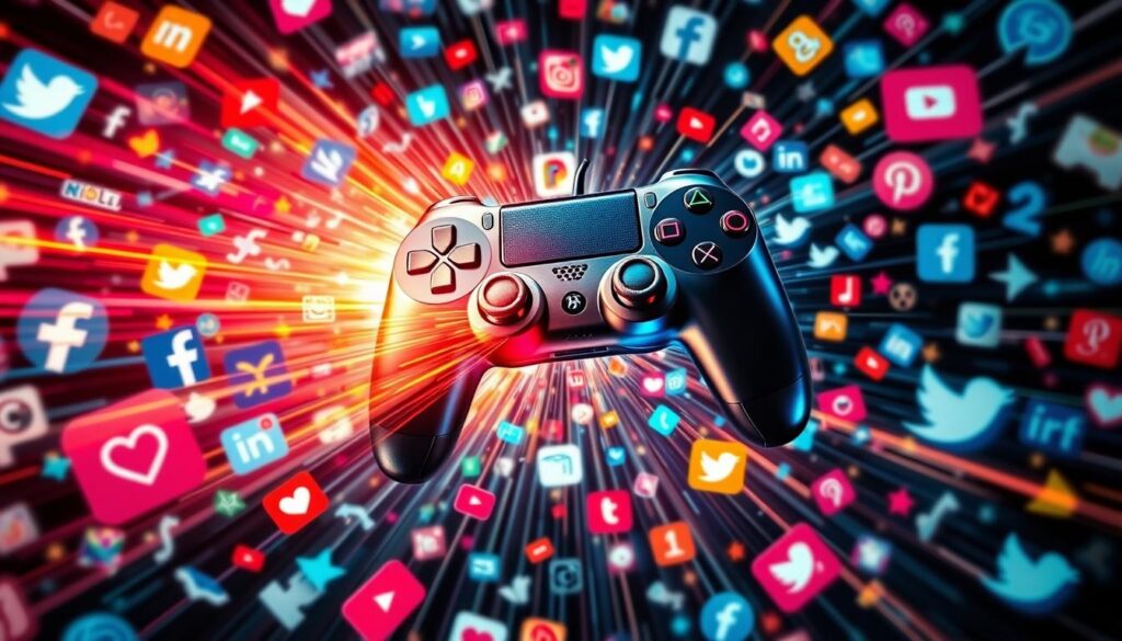 Vibrant, dynamic image showcasing the power of social media in gaming marketing. A central gaming controller radiates waves of energy, symbolizing the amplification of hype through digital platforms. Surrounding it, a collage of social media icons, hashtags, and digital connections weaves a tapestry of engagement and community. Vivid colors, sharp contrasts, and a sense of motion create an atmosphere of excitement and momentum. Cinematic lighting and a slightly elevated camera angle lend an air of importance and impact. The overall composition conveys the integral role of social media in propelling gaming trends and captivating global audiences.