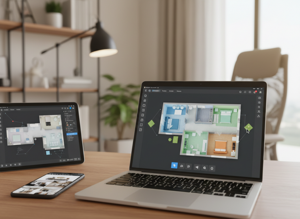 A 3D house floor plan displayed on a computer screen, featuring various online tools and software interfaces used for home design. In the foreground, show a sleek laptop showcasing an interactive design application with vibrant colors and clear icons. The middle ground includes a tablet displaying a different layout tool, and a smartphone nearby with design inspiration images. In the background, create a cozy home office environment with warm lighting, emphasizing a professional and inviting atmosphere. Use a soft-focus lens effect to enhance depth while keeping the two devices in sharp focus. The scene should evoke creativity, innovation, and the ease of using online tools for 3D home planning. A 3D house floor plan displayed on a computer screen, featuring various online tools and software interfaces used for home design. In the foreground, show a sleek laptop showcasing an interactive design application with vibrant colors and clear icons. The middle ground includes a tablet displaying a different layout tool, and a smartphone nearby with design inspiration images. In the background, create a cozy home office environment with warm lighting, emphasizing a professional and inviting atmosphere. Use a soft-focus lens effect to enhance depth while keeping the two devices in sharp focus. The scene should evoke creativity, innovation, and the ease of using online tools for 3D home planning.