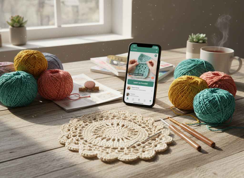 A beautifully arranged flat lay of crochet supplies on a wooden table, featuring colorful yarn balls in various textures, a pair of elegant crochet hooks, and neatly organized crochet patterns. In the foreground, include a detailed, partially completed crochet project, showcasing intricate stitches. The middle ground should feature a smart phone displaying a crochet app interface open to a tutorial, emphasizing the use of technology in learning crochet. In the background, soft natural light filters through a nearby window, casting warm shadows and creating a cozy atmosphere. The overall mood is inviting and educational, ideal for encouraging creative learning in crochet.