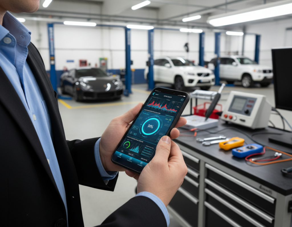 A close-up view of a modern automotive diagnostic scanner interface displayed on a smartphone screen, featuring vibrant graphics and clear indicators of car diagnostics. In the foreground, the device is held by a professional wearing a blue shirt and a black blazer, showcasing a focus on the scanned data. The middle layer captures a sleek, well-lit garage setting with various car equipment and tools, indicating an environment focused on automotive repair and diagnostics. In the background, blurred silhouettes of cars emphasize an automotive theme while maintaining a clean and organized atmosphere. The lighting is bright and well-balanced, highlighting the smartphone's screen while creating a motivational and informative mood. The angle is slightly tilted to provide a dynamic perspective, enhancing the sense of activity and professionalism.