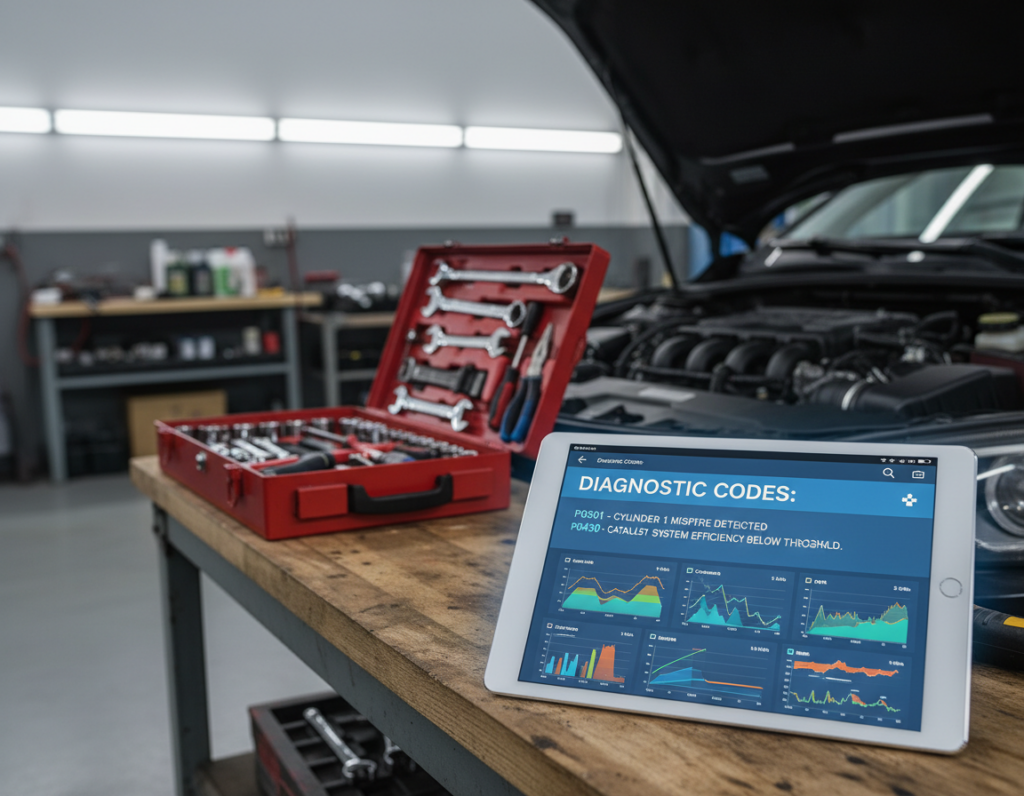 A close-up view of a modern automotive scanner app displayed on a sleek tablet, positioned on a mechanic’s workstation. In the foreground, the tablet screen shows a vibrant interface with diagnostic codes and vehicle analytics. The middle ground features a toolbox filled with various automotive tools, and an open car hood revealing a complex engine. The background includes a well-organized garage with bright overhead lighting, reflecting a professional environment. Use a shallow depth of field to keep the focus on the tablet while subtly blurring the background. The mood is technical and industrious, highlighting the intersection of technology and automotive care.