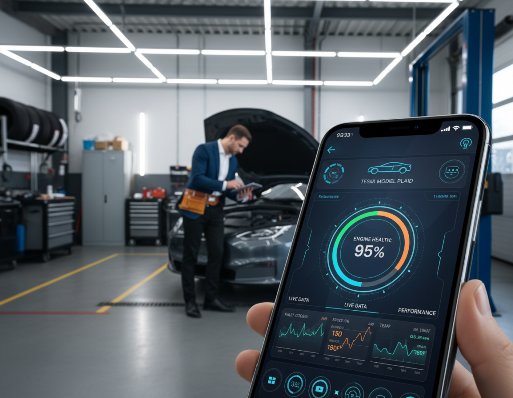 A close-up view of a modern automotive scanner app interface displayed on a smartphone in a workshop setting. The foreground features the detailed screen of the smartphone showcasing the app’s vibrant dashboard with diagnostics, vehicle information, and a graphical representation of engine performance. In the middle ground, a mechanic in smart business attire examines a car with a mechanic's tool belt, highlighting the professional atmosphere. The background contains an organized garage with tools and equipment, illuminated by bright LED lights that enhance the clarity and focus of the scene. The overall mood is one of efficiency and innovation, capturing the essence of automotive technology in a contemporary workspace.