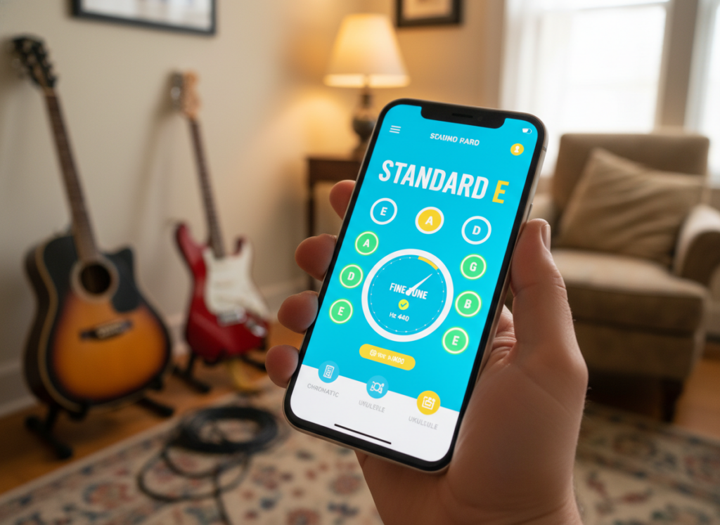 A close-up view of a smartphone displaying a guitar tuning app interface, with bright, vivid colors and a user-friendly layout; the phone is held in a casual hand, suggesting ease of use. In the foreground, focus on the crisp details of the screen, showing various tuning settings and indicators prominently. In the middle ground, include a blurred background of a cozy room with musical instruments, such as an acoustic guitar and an electric guitar resting against a wall. Soft, warm lighting illuminates the scene, creating an inviting atmosphere to convey the accessibility of tuning guitars using mobile apps. The angle should be slightly tilted to provide a dynamic perspective of the smartphone and its features.