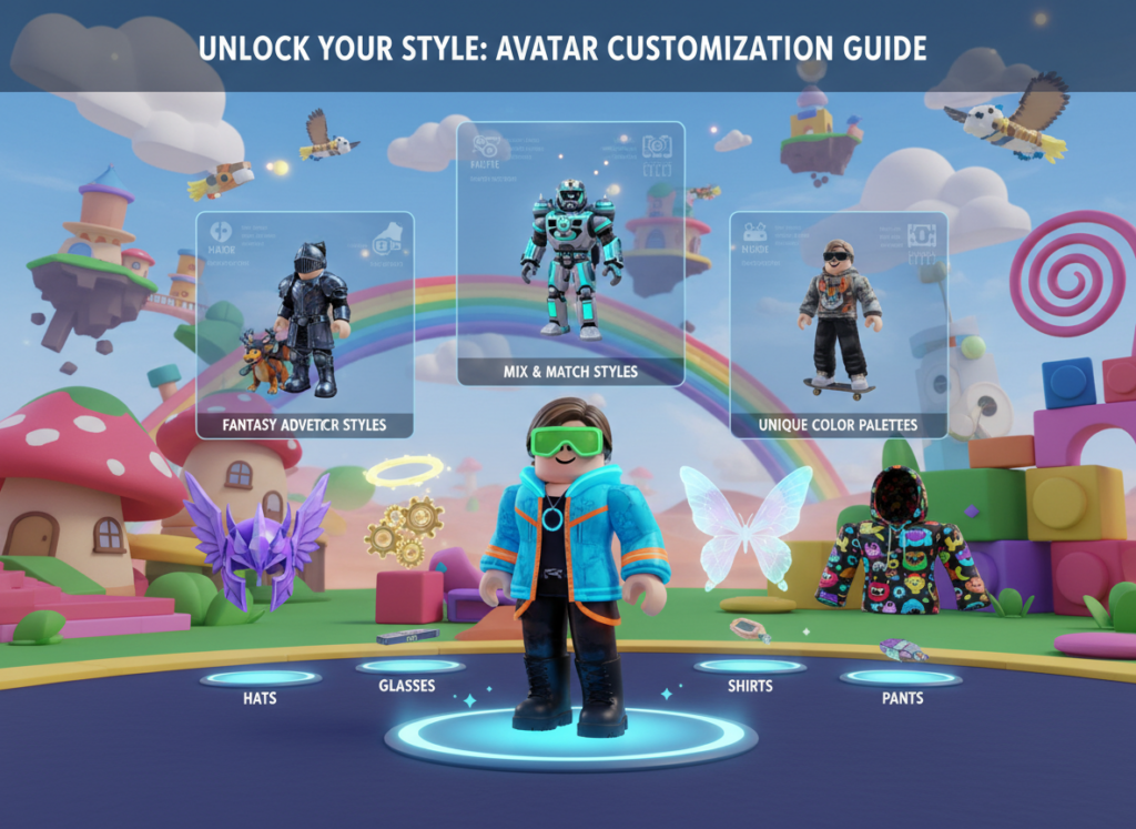 A colorful digital art scene showcasing a vibrant virtual world inspired by Roblox, focusing on avatar customization tips. In the foreground, a sleek avatar stands confidently, wearing a unique and stylish outfit, with multiple accessory options surrounding them, like hats, glasses, and clothing items displayed like a fashion show. In the middle ground, various templates of different avatar designs are presented, demonstrating diverse customization techniques. The background features a bright, dynamic landscape with playful structures and whimsical elements, reflecting an imaginative gaming environment. Soft, ambient lighting enhances the creativity and excitement of the scene, creating a cheerful and inspiring atmosphere, ideal for engaging gamers interested in avatar personalization.