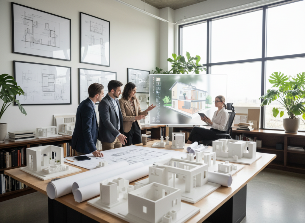 A comprehensive view of a modern residential design workspace, showcasing a diverse range of residential environments. In the foreground, a large drafting table is scattered with architectural plans and 3D models, featuring a meticulous layout of living rooms, kitchens, and bedrooms. Professionals in smart casual clothing engage in discussions, surrounded by sketches on the wall. In the middle ground, an architect is working on a digital tablet, analyzing a vibrant 3D house model projected on a screen. The background reveals large windows letting in soft, diffused natural light that creates a warm atmosphere. Green plants are placed around the room for a fresh, inviting aesthetic, while design books line the shelves, enhancing the creative ambiance. The angle captures the collaborative spirit of residential project planning. A comprehensive view of a modern residential design workspace, showcasing a diverse range of residential environments. In the foreground, a large drafting table is scattered with architectural plans and 3D models, featuring a meticulous layout of living rooms, kitchens, and bedrooms. Professionals in smart casual clothing engage in discussions, surrounded by sketches on the wall. In the middle ground, an architect is working on a digital tablet, analyzing a vibrant 3D house model projected on a screen. The background reveals large windows letting in soft, diffused natural light that creates a warm atmosphere. Green plants are placed around the room for a fresh, inviting aesthetic, while design books line the shelves, enhancing the creative ambiance. The angle captures the collaborative spirit of residential project planning.