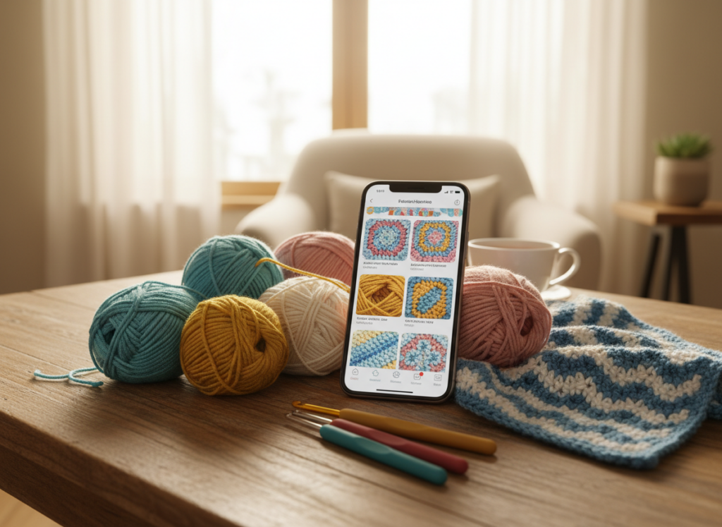 A cozy and inviting workspace featuring a smartphone displaying a crochet app interface prominently in the foreground. The screen shows colorful crochet patterns and tutorials. In the middle, a neatly arranged selection of yarn in various colors, alongside hooks and a finished crochet project, reflects the essentials for beginners. The background has soft, natural lighting coming through a window, casting warm tones on a wooden table. A comfortable armchair and a small plant can be seen, enhancing the homey atmosphere. The scene conveys a sense of inspiration and creativity, perfect for someone looking to learn and enjoy crochet.