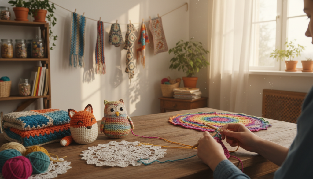 A cozy, inviting home setting showcasing various crocheted projects like colorful blankets, intricate doilies, and creative amigurumi figures on a beautifully arranged wooden table. In the foreground, a pair of hands skillfully crocheting with vibrant yarn, displaying an array of textures and colors. In the middle ground, various finished projects hang on a wall, while a sunlight-drenched window brings a warm glow, enhancing the inviting atmosphere. In the background, soft-focus plants and shelves filled with crafting supplies create a homely, inspirational mood indicating a nurturing space for creativity. The image should have soft, natural lighting, capturing the essence of a peaceful crafting experience.