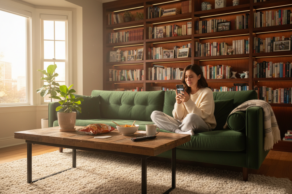A cozy, inviting living room scene with a young adult using a smartphone to stream Korean dramas online. In the foreground, a person dressed in comfortable yet stylish casual clothing sits on a plush sofa, emotionally engaged with the screen. In the middle, a coffee table adorned with snacks, a remote, and a vibrant houseplant adds warmth. The background shows a softly lit bookshelf filled with books and decorative items, enhancing the atmosphere of relaxation. Soft, natural light filters through a window, giving the scene a tranquil vibe. The overall mood is cozy and engaging, capturing the essence of enjoying doramas safely and legally at home.