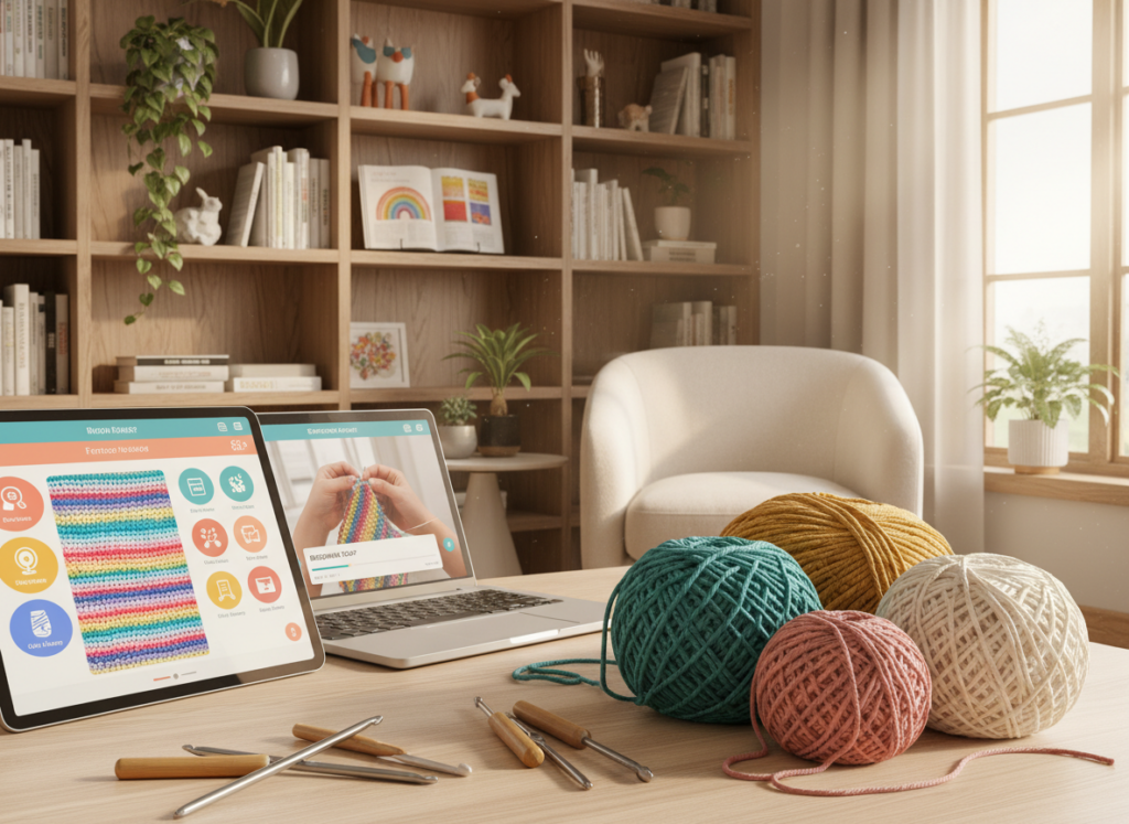A cozy, inviting workspace showcasing a digital crochet introduction. In the foreground, a neatly arranged selection of colorful yarn balls and crochet hooks rest on a modern table. To the left, a tablet displays a user-friendly crochet app, featuring a vibrant interface with patterns and tutorials. The middle ground includes a soft, well-lit space with a comfortable chair and a laptop, emphasizing the digital aspect of learning crochet. In the background, a bookshelf filled with crochet books and decorative plants adds warmth and inspiration. Natural light filters through a nearby window, creating a bright and cheerful atmosphere, ideal for creativity and learning. The mood is relaxing and wholesome, encouraging viewers to embrace digital crochet skills. A cozy, inviting workspace showcasing a digital crochet introduction. In the foreground, a neatly arranged selection of colorful yarn balls and crochet hooks rest on a modern table. To the left, a tablet displays a user-friendly crochet app, featuring a vibrant interface with patterns and tutorials. The middle ground includes a soft, well-lit space with a comfortable chair and a laptop, emphasizing the digital aspect of learning crochet. In the background, a bookshelf filled with crochet books and decorative plants adds warmth and inspiration. Natural light filters through a nearby window, creating a bright and cheerful atmosphere, ideal for creativity and learning. The mood is relaxing and wholesome, encouraging viewers to embrace digital crochet skills.